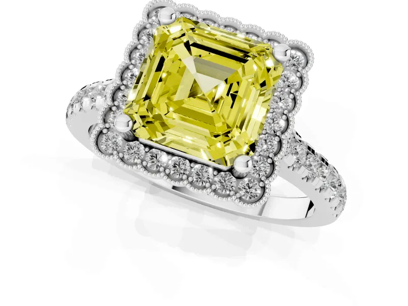 Fancy Yellow Asscher Cut Diamond Milgrain Floral Halo Engagement Ring Set in Platinum with Pavé Band