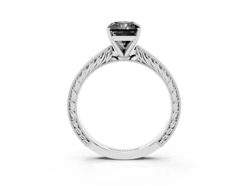 Radiant Cut Engraved Solitaire Engagement Ring Setting for a Black Center | White Gold