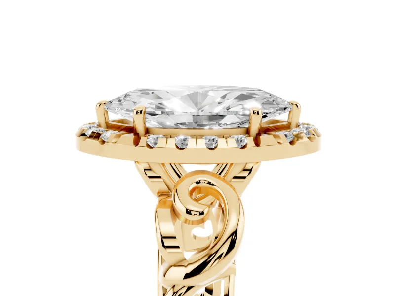 Marquise Cut Diamond Halo Ring Set in Yellow gold with Scrollwork Band and Prong Setting