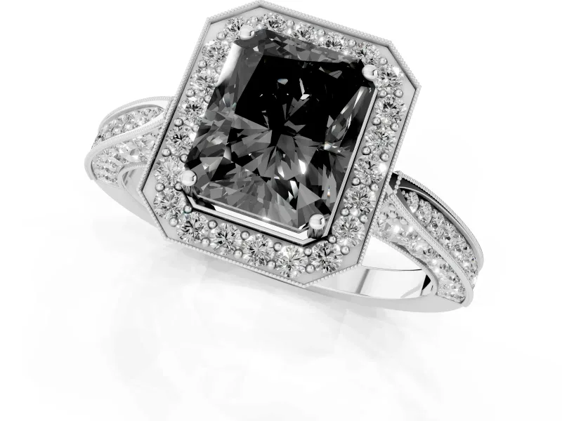 Radiant Cut Milgrain Halo Engagement Ring Setting for a Black Center | Side Stones | White Gold
