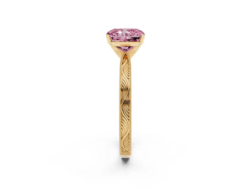 Radiant Cut Engraved Engagement Ring Setting for a Fancy Pink Lab-Grown Diamond | Yellow Gold