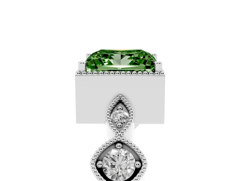 Fancy Green Princess Cut Diamond Vintage-Inspired Milgrain Ring Set in White gold with Marquise Stations of Round Accents