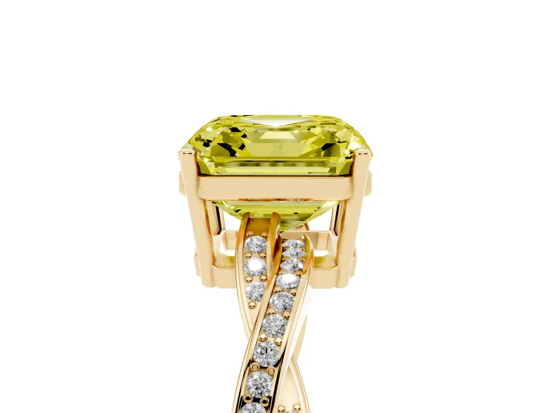 Fancy Yellow Asscher Cut Diamond Solitaire Twisted Pavé Ring Set in Yellow gold with Prong Setting