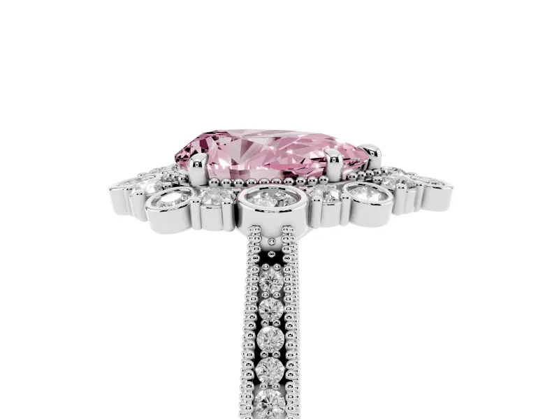 Fancy Pink Pear Cut Diamond Halo Milgrain Pavé Ring Set in Platinum with Prong Setting