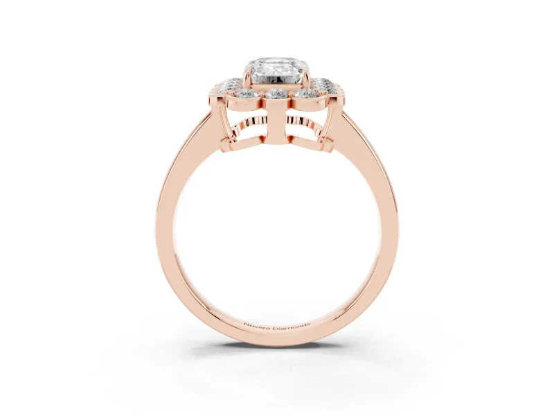 Emerald Cut Scalloped Cluster Halo Engagement Ring Setting | Plain Band | Rose Gold