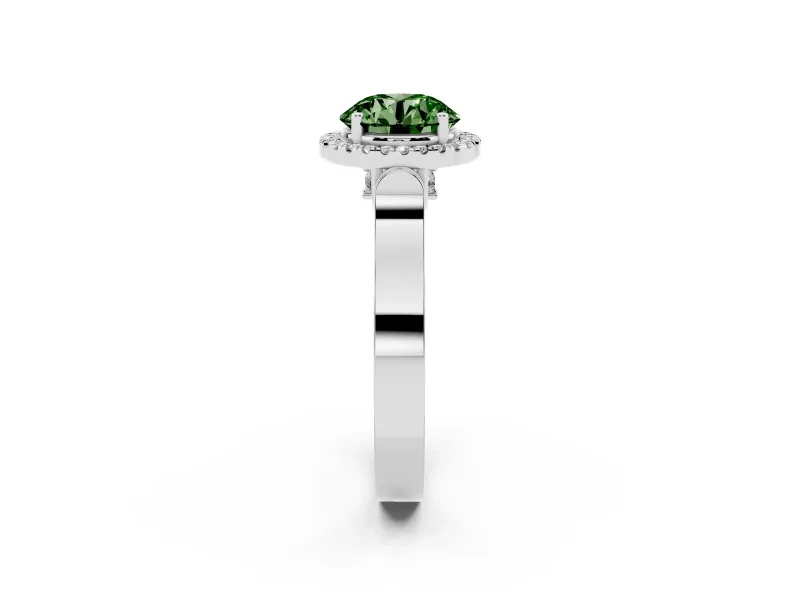 Round Halo Engagement Ring Setting for a Fancy Green Lab-Grown Diamond | Pavé Panel Shoulders | Sterling Silver