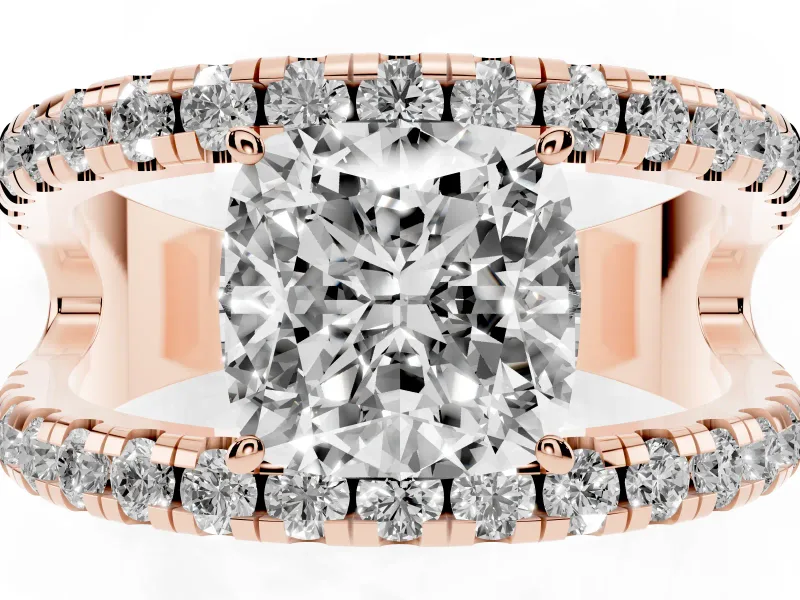 Cushion Cut Wide Open Split Shank Engagement Ring Setting | Pavé Strands | Rose Gold