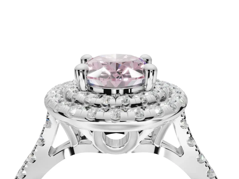 Fancy Pink Oval Lab-Grown Diamond Double Halo Statement Ring Set in White Gold with Pavé Band