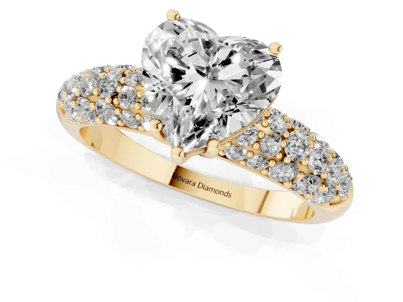 Heart-Shaped Multi Row Pave Solitaire Engagement Ring Setting | Domed Shoulders | Yellow Gold