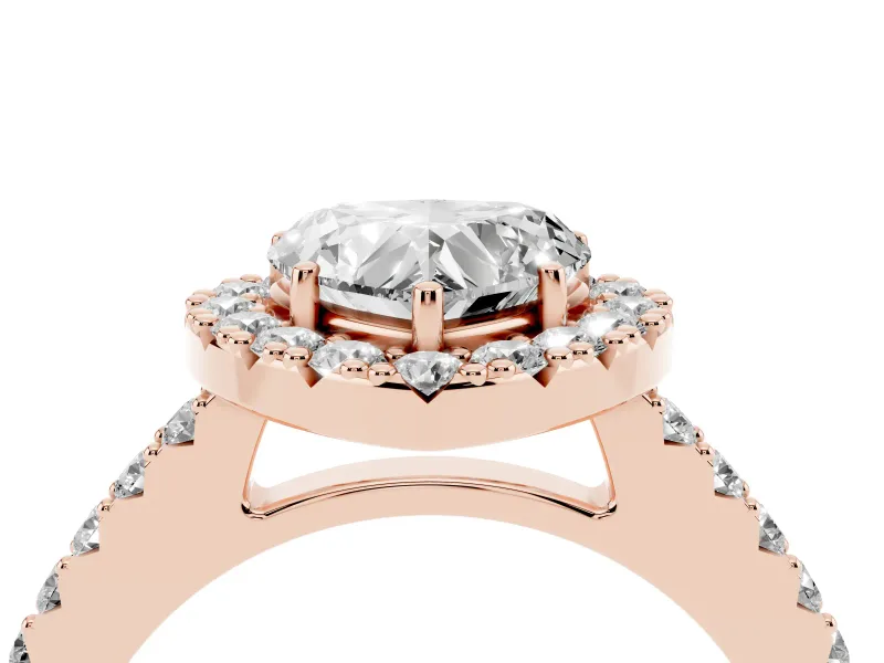 Heart Cut Diamond Halo Pavé Solitaire Ring Set in Rose gold with Prong-Set Center Stone
