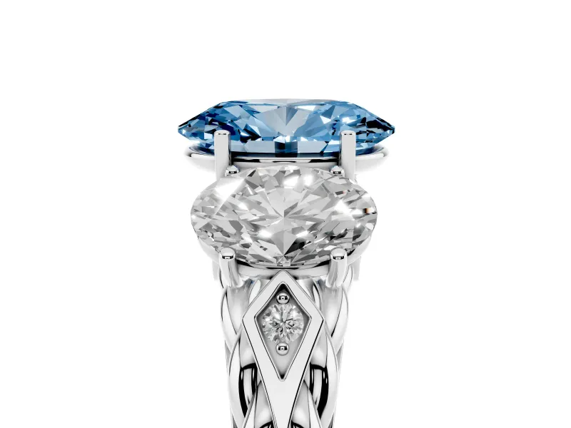 Fancy Blue Oval Cut Diamond Three-Stone Ring Set in White gold with Braided Band