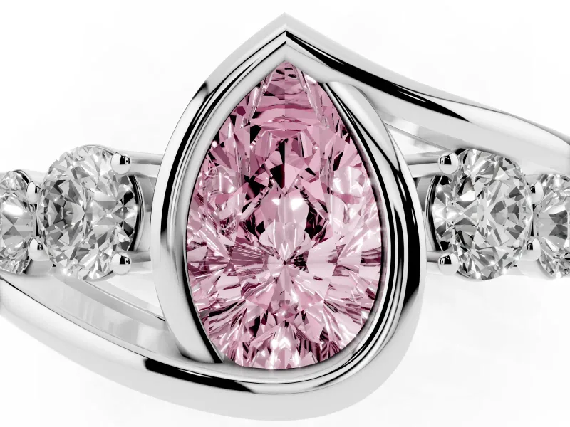 Fancy Pink Pear Cut Diamond Bezel Bypass Ring Set in Platinum with Round Accents