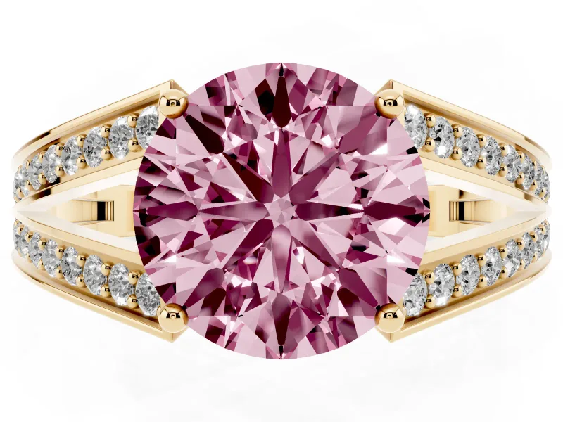 Fancy Pink Round Cut Diamond Split Shank Ring Set in Yellow gold with Pavé Band and Prong Setting