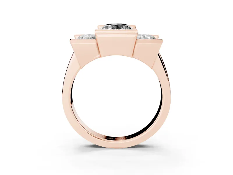 Fancy Black Oval Cut Diamond Three-Stone Channel Set Ring Set in Rose gold with Smooth Polished Band