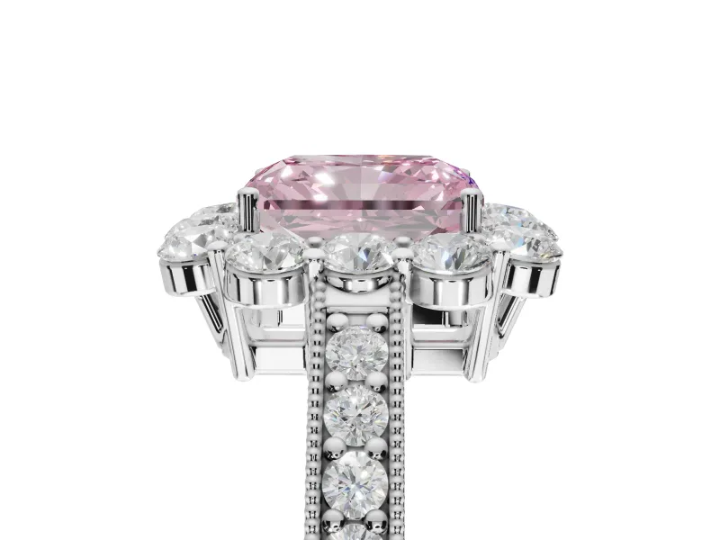 Radiant Cut Vintage Halo Engagement Ring Setting for a Fancy Pink Lab-Grown Diamond | Milgrain Channel Band | White Gold