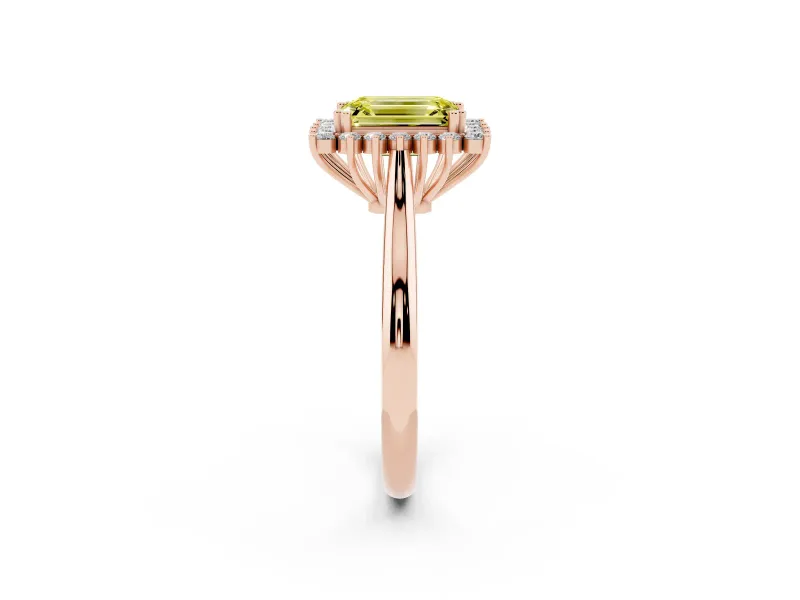 Emerald Cut Starburst Halo Engagement Ring Setting for a Fancy Yellow Lab-Grown Diamond | Rose Gold