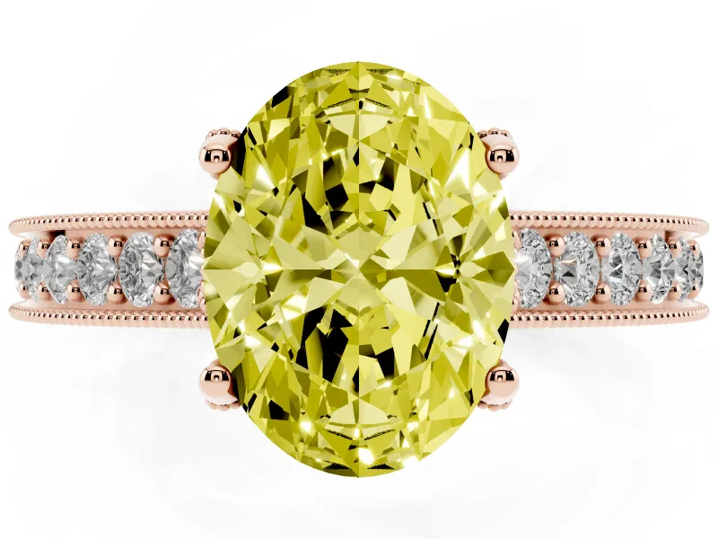 Oval Vintage Hidden Halo Engagement Ring Setting for a Fancy Yellow Lab-Grown Diamond | Milgrain Pave Band | Rose Gold