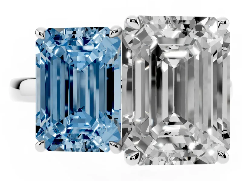 Fancy Blue Emerald Cut and Emerald Cut Toi Moi Ring Set in White gold with Prong Setting