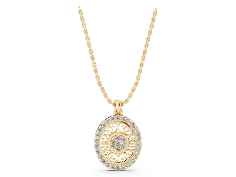Round Lab-Grown Diamond Oval Filigree Cluster Pendant Necklace | Pavé Edge | Yellow Gold