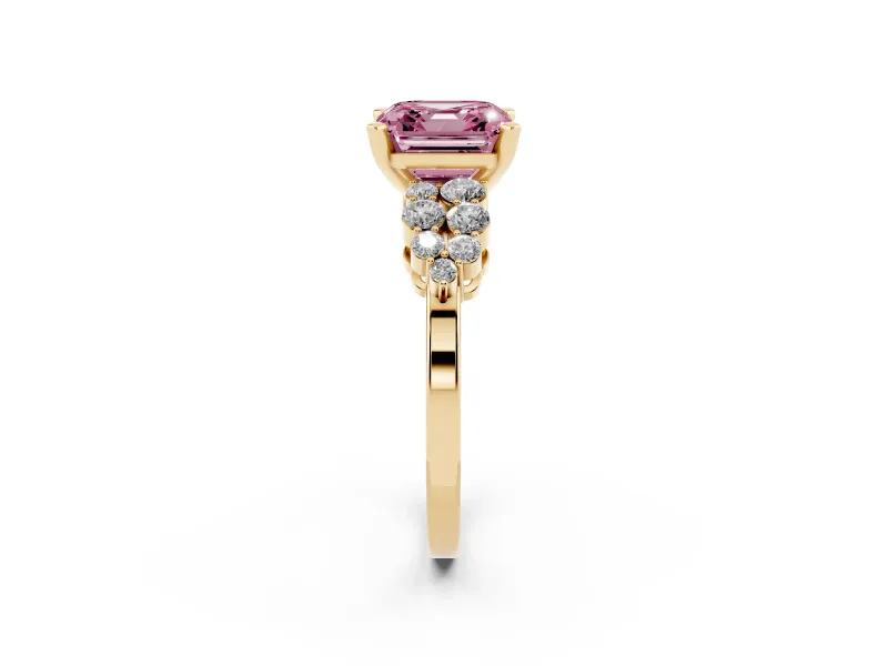 Asscher Cut Side Stone Engagement Ring Setting for a Fancy Pink Lab-Grown Diamond | Shoulder Clusters | Yellow Gold