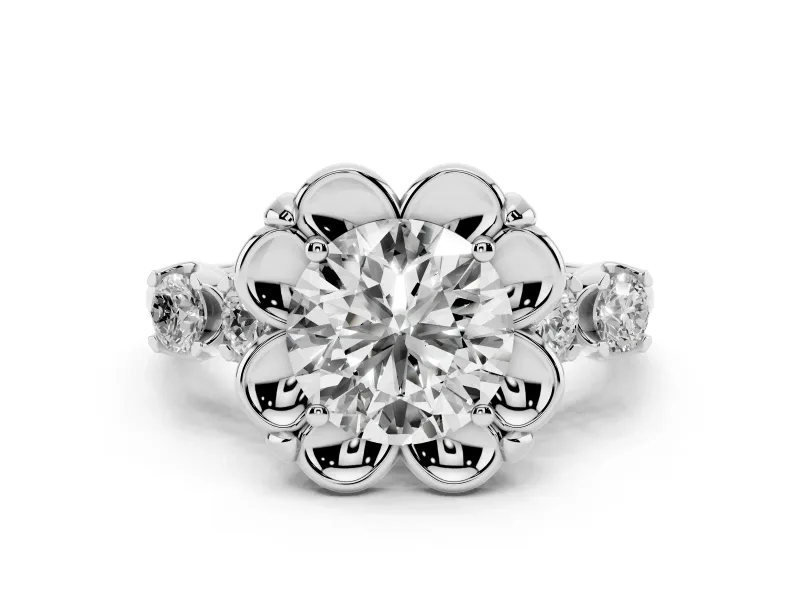 Round Cut Diamond Floral Halo Ring Set in Platinum with Shared Prong Band