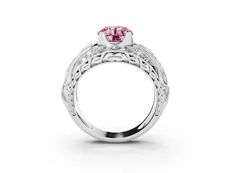 Round Art Deco Engagement Ring Setting for a Fancy Pink Lab-Grown Diamond | Sterling Silver