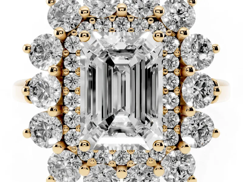 Emerald Cut Floral Double Halo Engagement Ring Setting | Plain Band | Yellow Gold