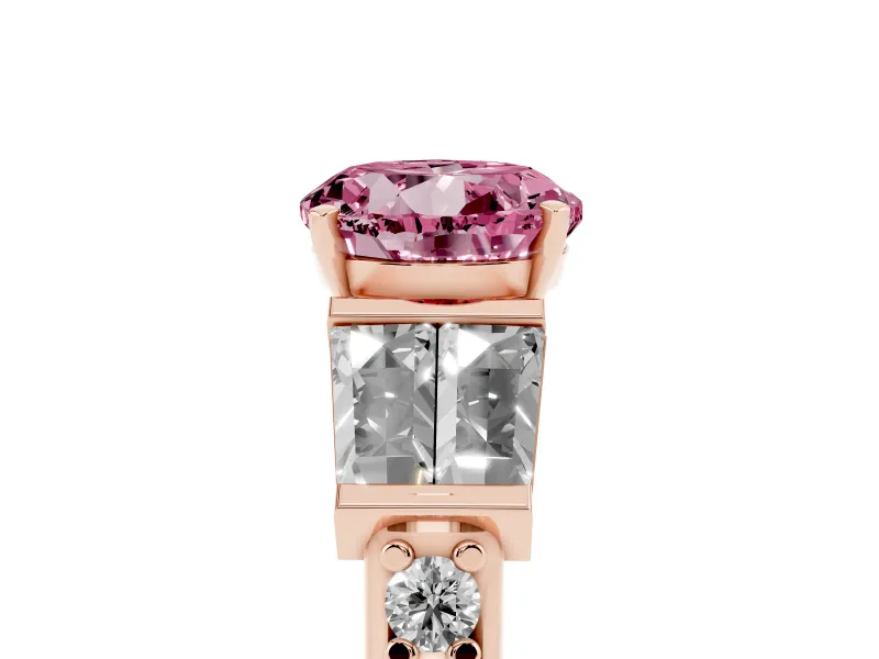 Fancy Pink Round Cut Diamond Engagement Ring Set in Rose gold with Baguette Side Stones and Channel Set Band