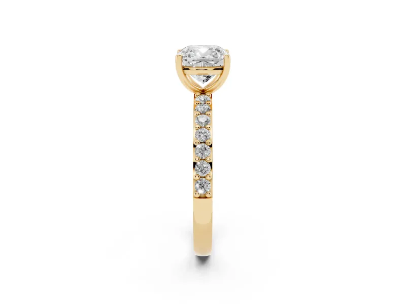 Cushion Cut Pavé Solitaire Engagement Ring Setting | Single Row Band | Yellow Gold