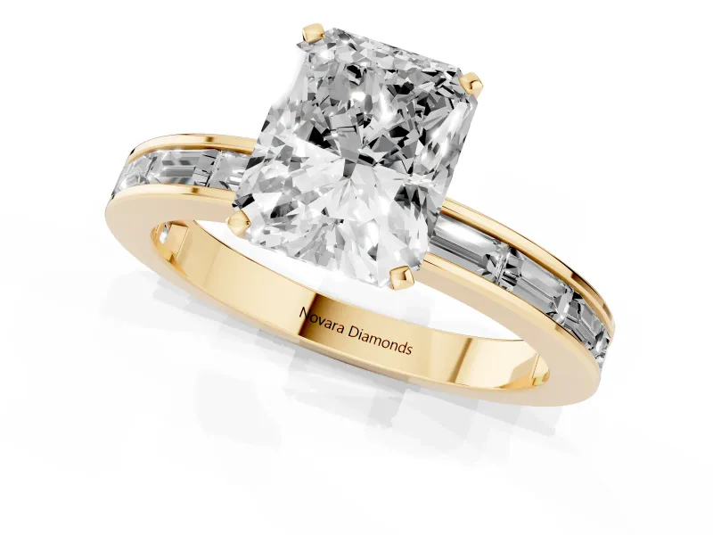 Radiant Cut Diamond Solitaire Ring Set in Yellow gold with Channel-Set Baguette Band and Prong Setting
