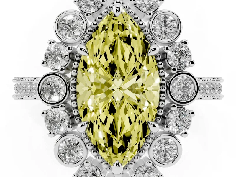 Fancy Yellow Marquise Cut Diamond Halo Milgrain Pavé Ring Set in Platinum with Prong Setting