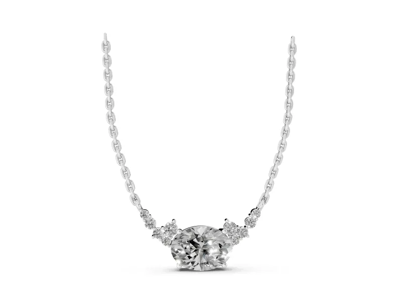 Oval Lab-Grown Diamond East-West Pendant Necklace | Round Accent Arcs | White Gold