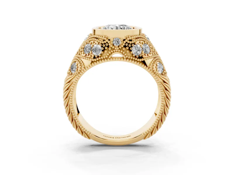 Round Cut Diamond Bezel Ring Set in Yellow gold with Milgrain Accent Band