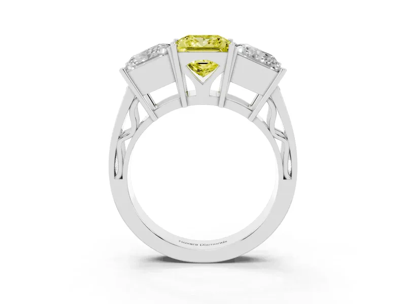 Princess Cut Three Stone Engagement Ring Setting for a Fancy Yellow Lab-Grown Diamond | Beaded Shoulders | Platinum