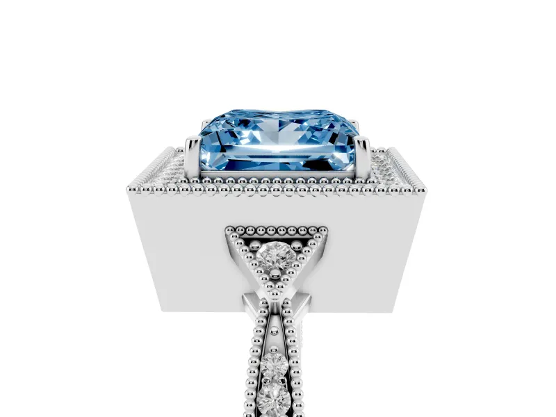 Fancy Blue Princess Cut Diamond Halo Engagement Ring Set in Platinum with Milgrain Pavé Band