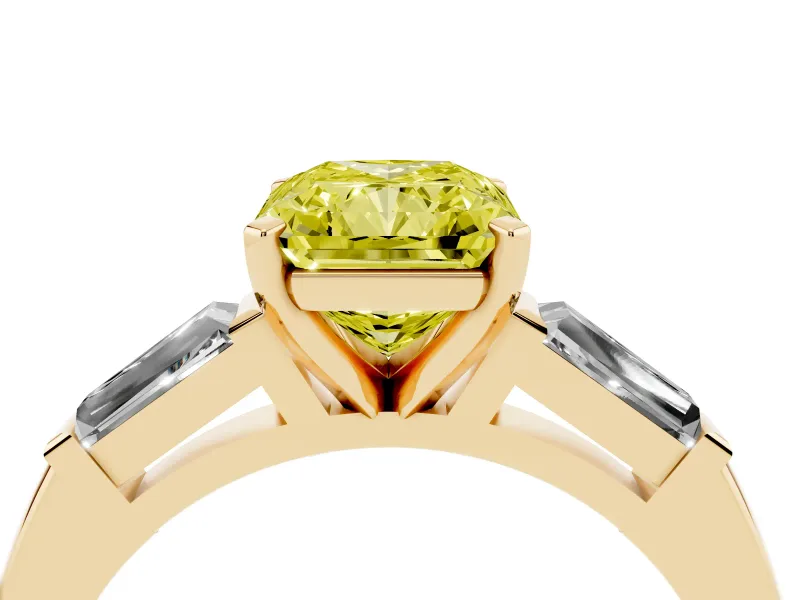 Radiant Cut Three Stone Engagement Ring Setting for a Fancy Yellow Lab-Grown Diamond | Tapered Baguettes | Yellow Gold