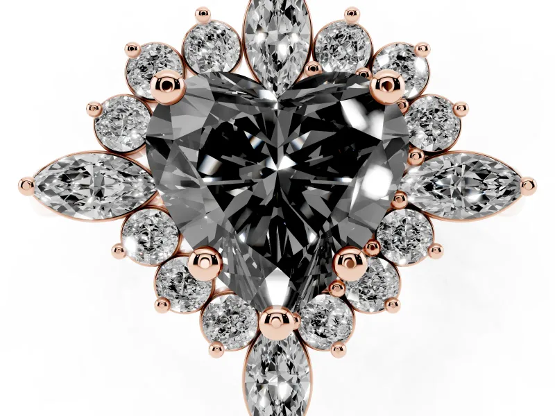 Fancy Black Heart Cut Diamond Cluster Halo Ring Set in Rose gold with Marquise and Round Accents
