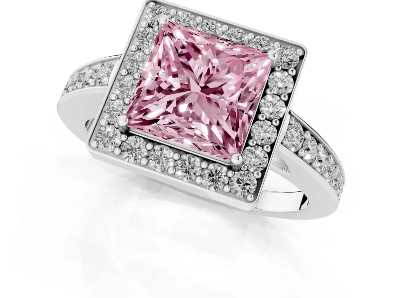 Fancy Pink Princess Cut Diamond Halo Pavé Engagement Ring Set in Platinum with Bezel Setting