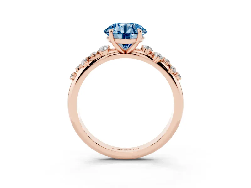 Fancy Blue Round Cut Diamond Cluster Solitaire Ring Set in Rose gold with Prong Setting