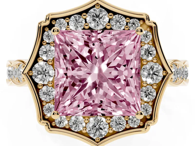 Princess Cut Vintage Scalloped Halo Engagement Ring Setting for a Fancy Pink Lab-Grown Diamond | Pave Band | Yellow Gold