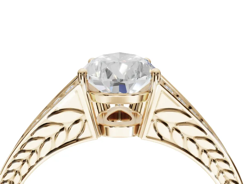 Pear-Shaped Split Shank Pavé Engagement Ring Setting | Engraved Leaf Sides | Yellow Gold