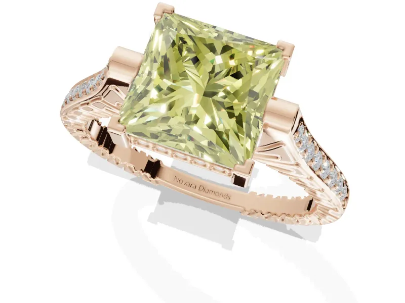 Princess Cut Vintage Cathedral Engagement Ring Setting for a Fancy Yellow Lab-Grown Diamond | Carved Band | Rose Gold