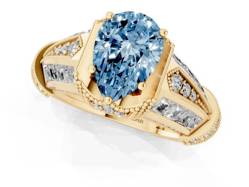 Pear-Shaped Vintage Milgrain Engagement Ring Setting for a Fancy Blue Lab-Grown Diamond | Hidden Halo | Yellow Gold