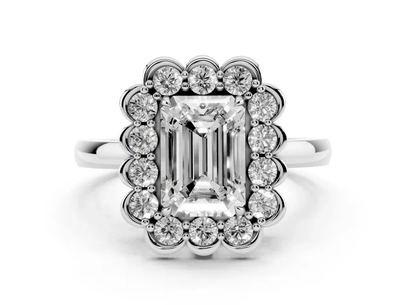 Emerald Cut Diamond Halo Cluster Engagement Ring Set in White gold with Solitaire Band and Prong Setting
