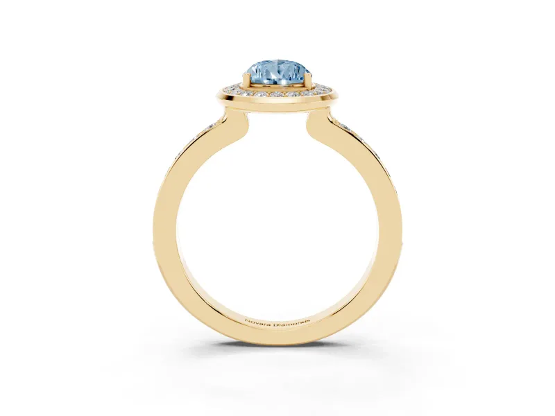 Fancy Blue Pear Cut Diamond Halo Ring Set in Yellow gold with Bezel Frame and Pavé Band