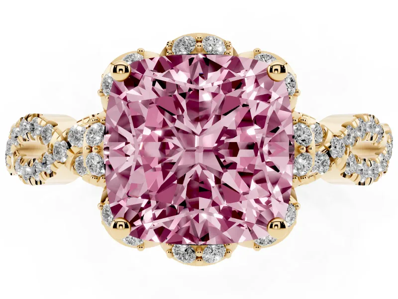 Cushion Cut Milgrain Halo Engagement Ring Setting for a Fancy Pink Lab-Grown Diamond | Graduated Shoulders | Yellow Gold