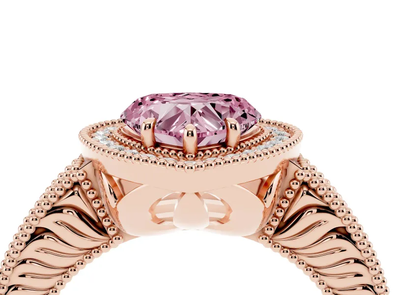 Fancy Pink Heart Cut Diamond Halo Ring Set in Rose gold with Round Accent Halo, Pavé Band and Prong Setting