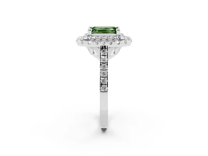 Fancy Green Emerald Cut Diamond Double Halo Statement Ring Set in White gold with Pavé Band