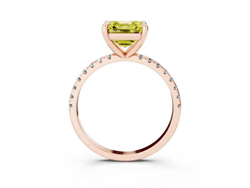 Fancy Yellow Asscher Cut Diamond Brilliant Solitaire Ring Set in Rose gold with Pavé Band and Prong Setting