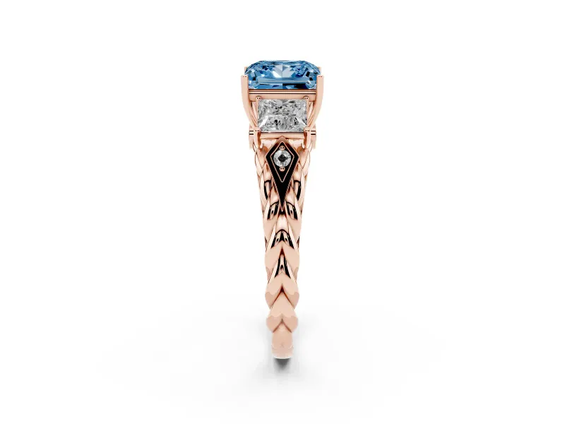 Fancy Blue Princess Cut Diamond Three-Stone Ring Set in Rose gold with Braided Band